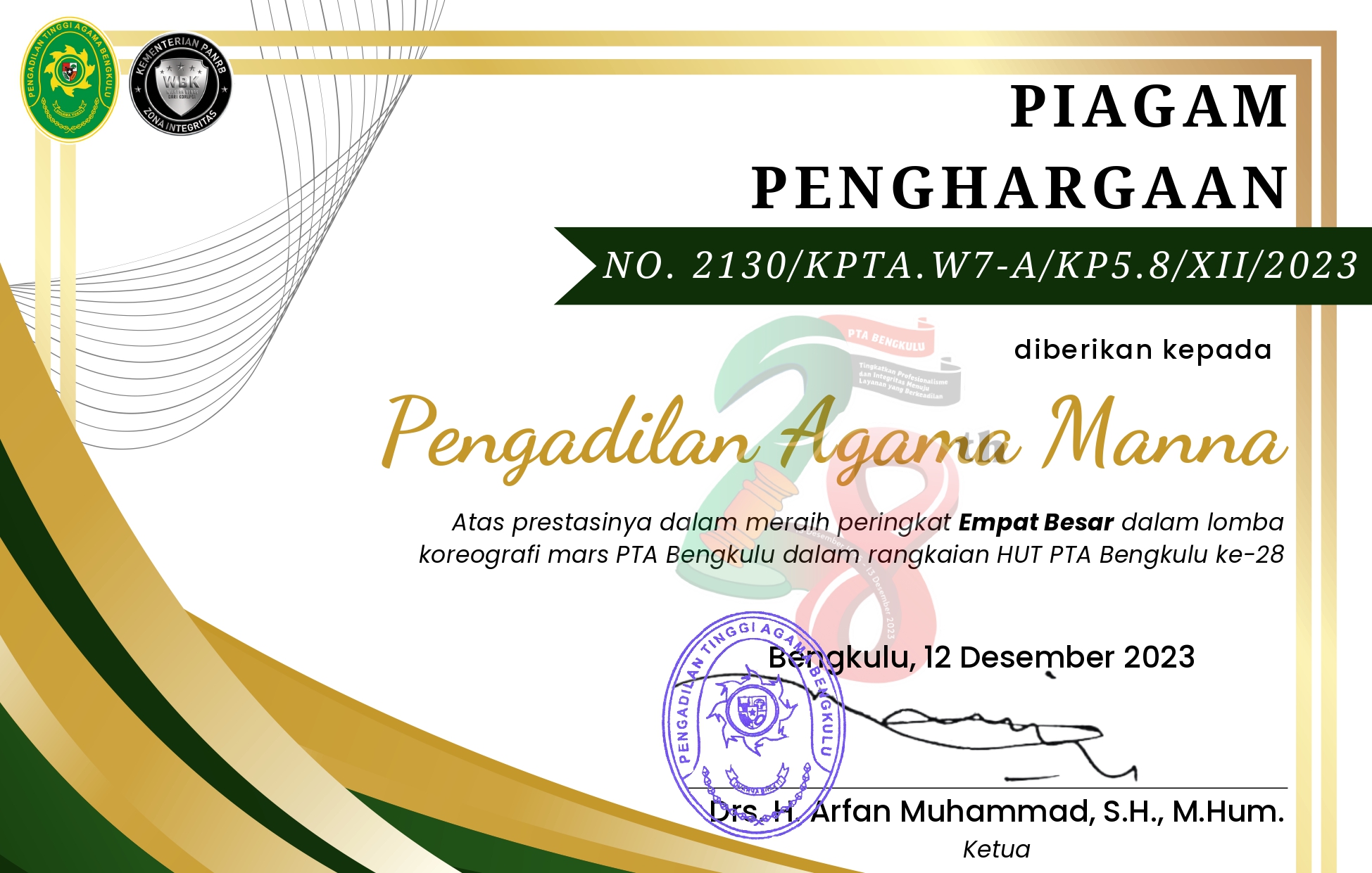 Piagam Penghargaan Peringkat 4 Koreografi Mars PTA Bengkulu 4 Besar page 0001